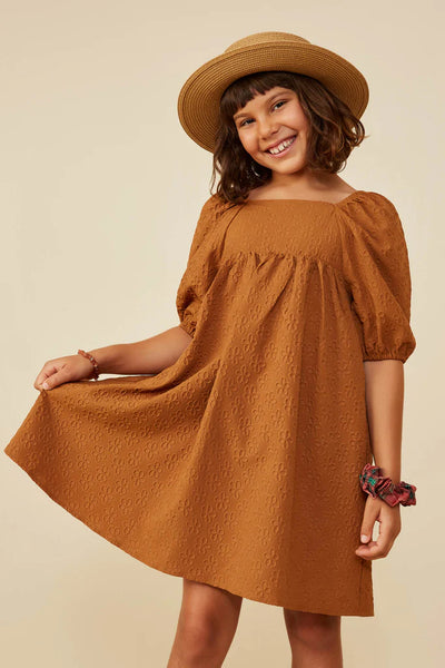 Camel Embossed Floral Square Neck Dress