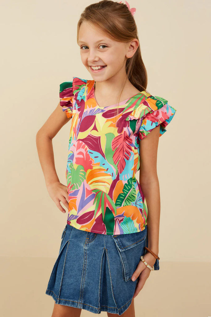 Tropical Print Double Ruffled Top