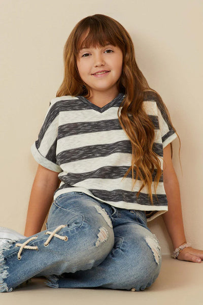 Heathered Stripe V Neck Knit Top in Denim