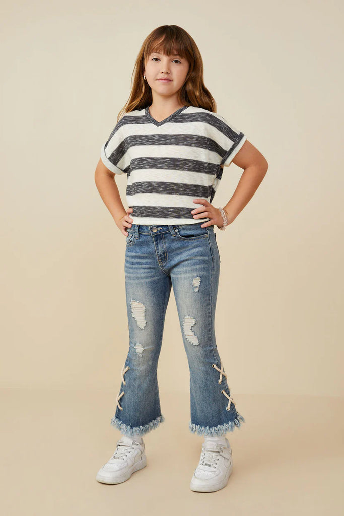 Heathered Stripe V Neck Knit Top in Denim