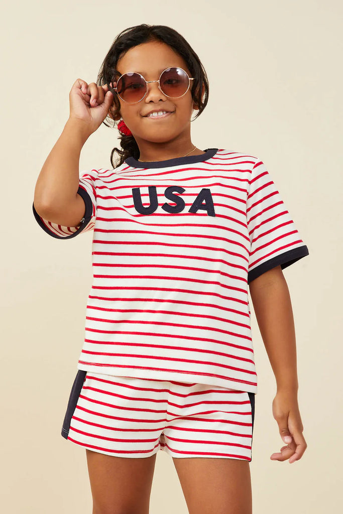 USA Patched Contrast Banded Knit Top in Red