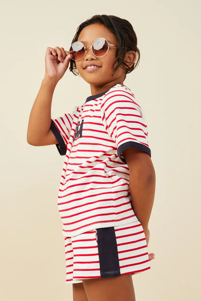 USA Patched Contrast Banded Knit Top in Red