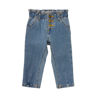 Girl's Paperbag Denim Pants - Mid Blue Wash