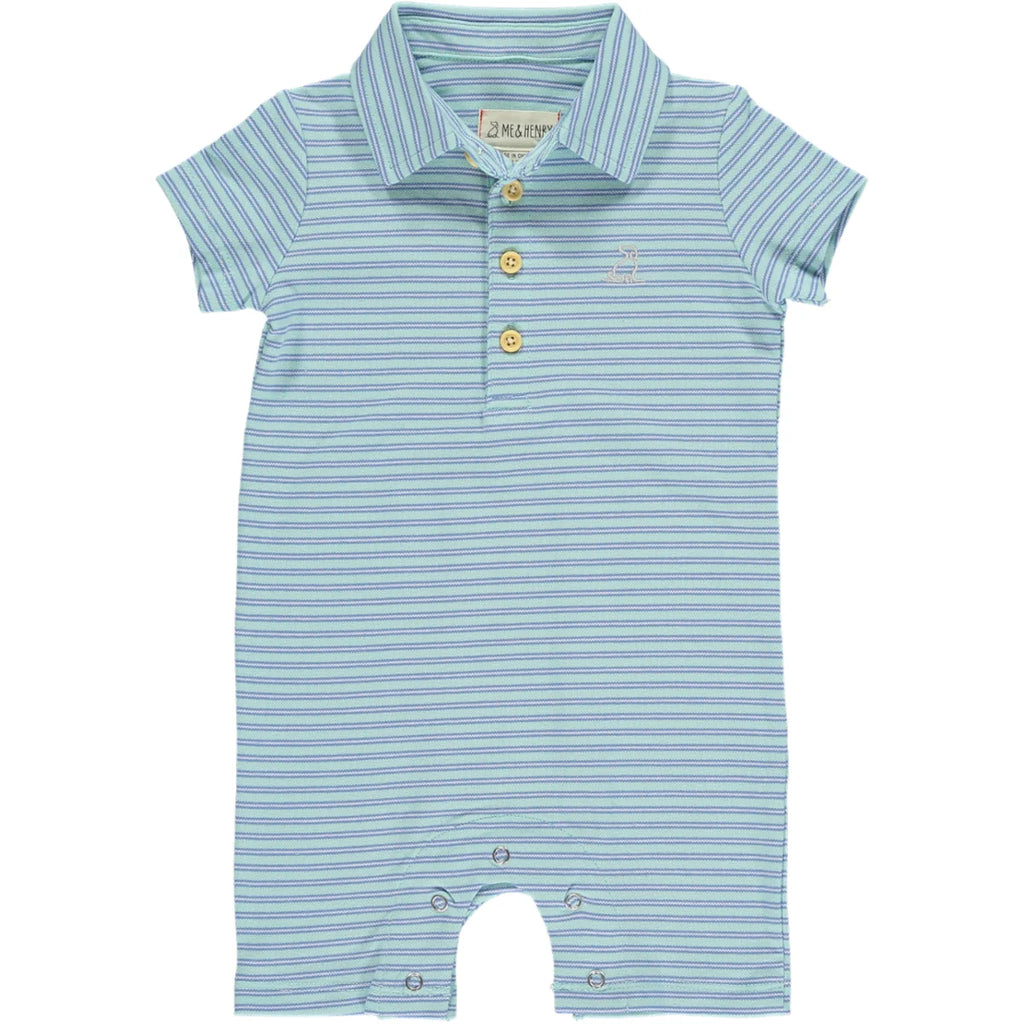 Drift Aqua/Blue Stripe Pique Polo Romper