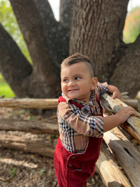 Jasper Plaid Woven Onesie in Brown Black & Red