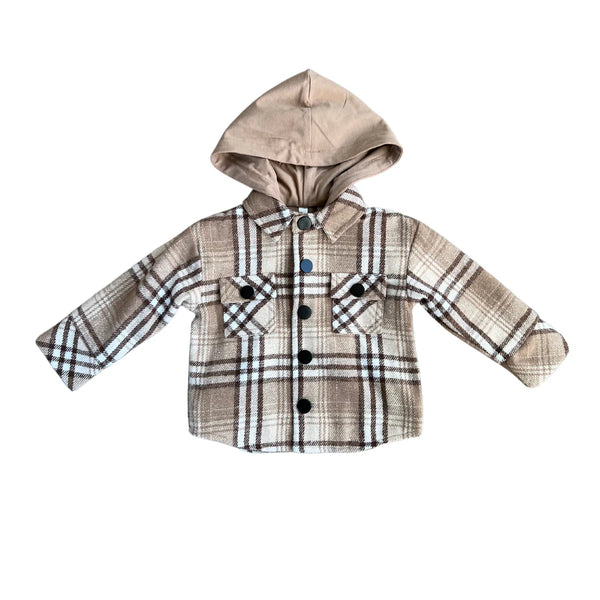 Boys Mocha Plaid Hooded Shacket