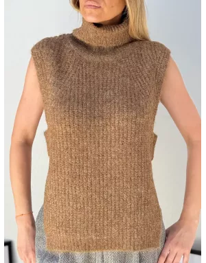 Knitted Sleeveless Sweater - Camel