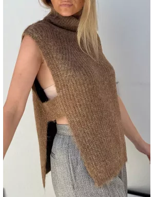 Knitted Sleeveless Sweater - Camel