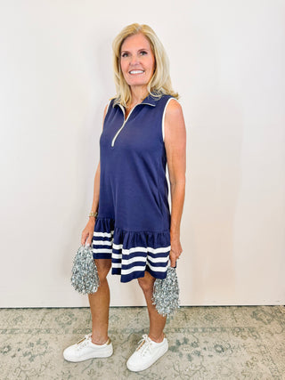 Ruffled Knit Mini Dress - Navy