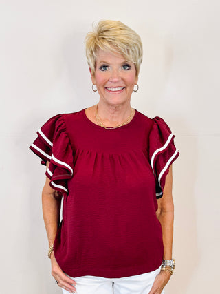 Ruffle Sleeve Top - Maroon