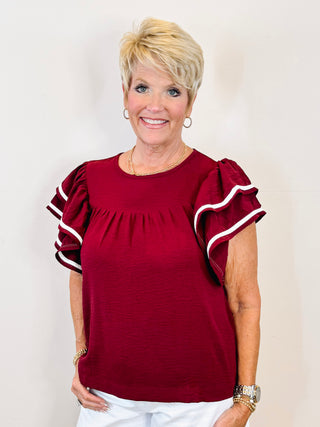 Ruffle Sleeve Top - Maroon