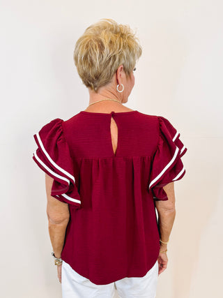 Ruffle Sleeve Top - Maroon
