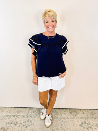 Ruffle Sleeve Top - Navy