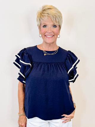 Ruffle Sleeve Top - Navy