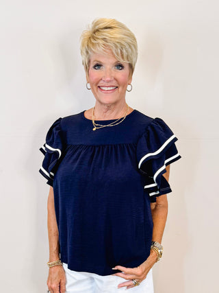 Ruffle Sleeve Top - Navy