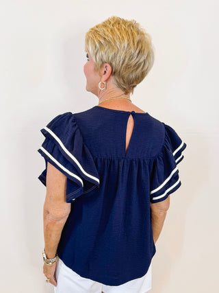 Ruffle Sleeve Top - Navy