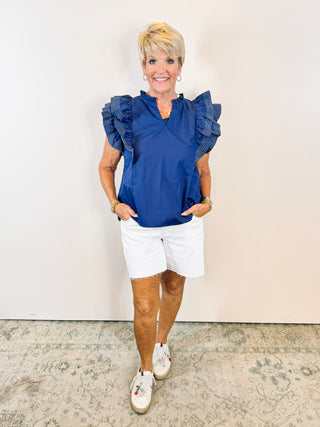Ruffle Sleeve Stitch Woven Top - Navy