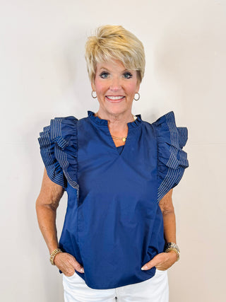 Ruffle Sleeve Stitch Woven Top - Navy