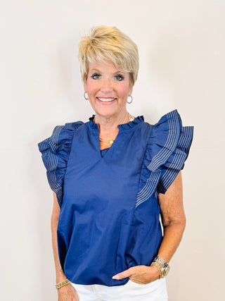 Ruffle Sleeve Stitch Woven Top - Navy