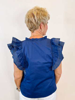 Ruffle Sleeve Stitch Woven Top - Navy