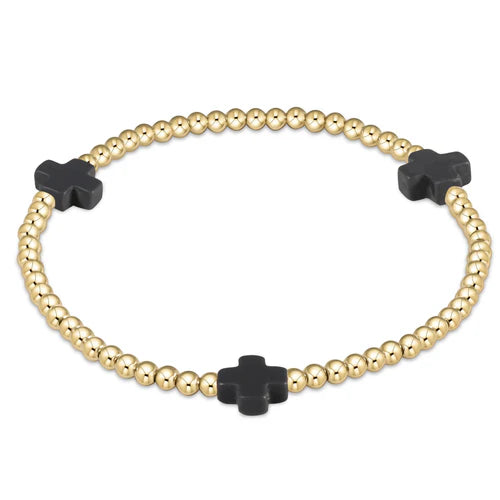 Signature cross gold pattern 3mm bead bracelet - onyx