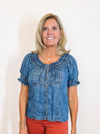 Denim Ruffled Neck Top