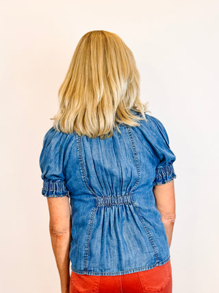 Denim Ruffled Neck Top