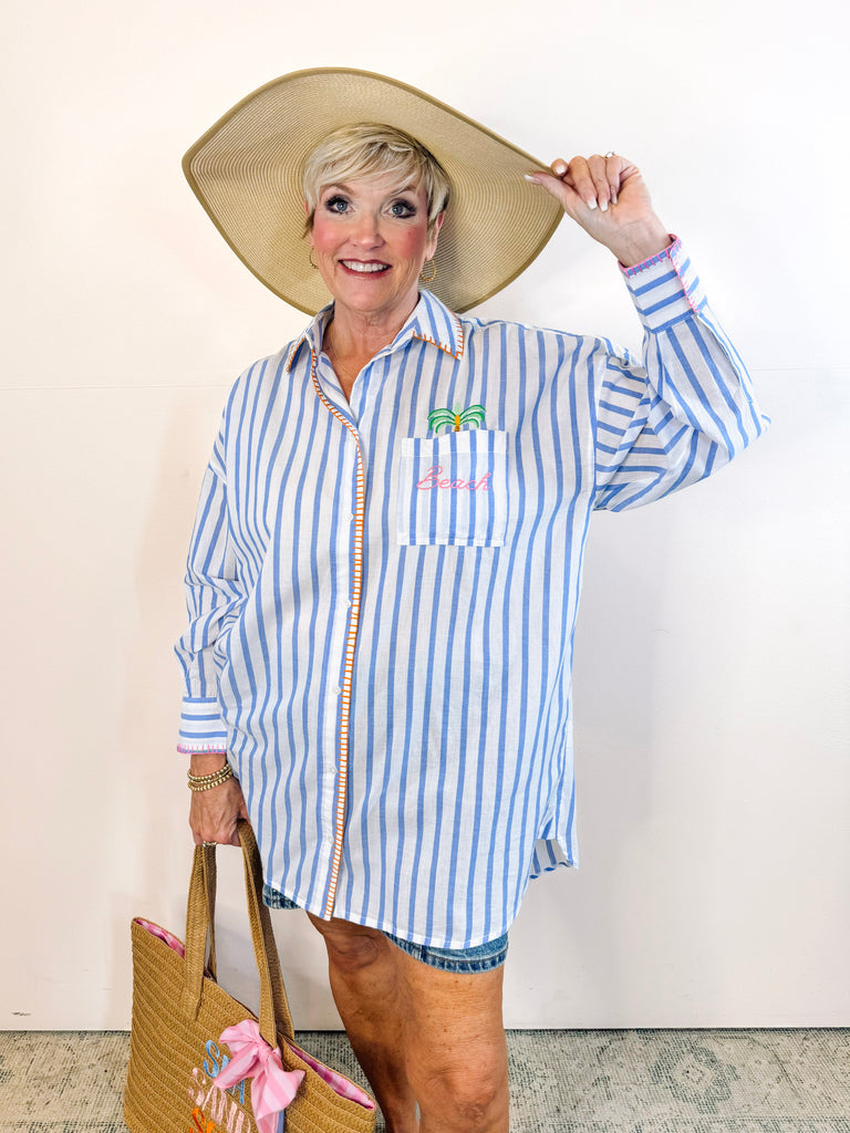 "Beach/Ocean Air, Salty Hair, Don't Care" Cover-Up Shirt, Blue