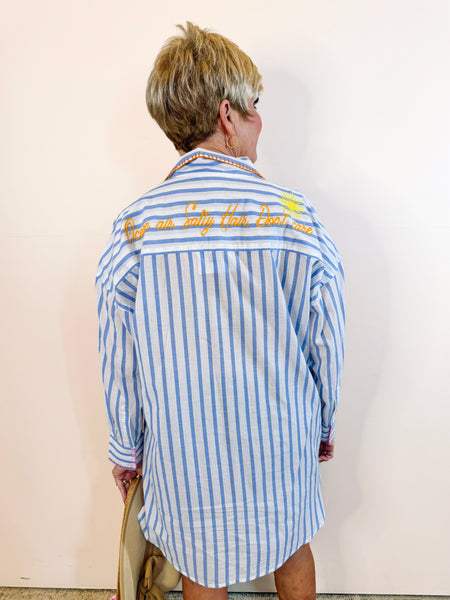 "Beach/Ocean Air, Salty Hair, Don't Care" Cover-Up Shirt, Blue
