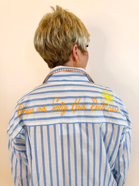 "Beach/Ocean Air, Salty Hair, Don't Care" Cover-Up Shirt, Blue
