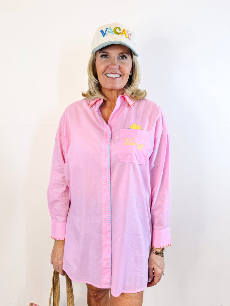 "Vacay/Out of Office" Cover-Up Shirt, Pink