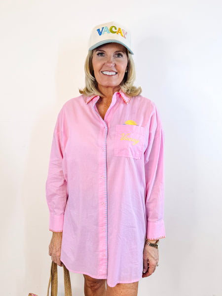 "Vacay/Out of Office" Cover-Up Shirt, Pink