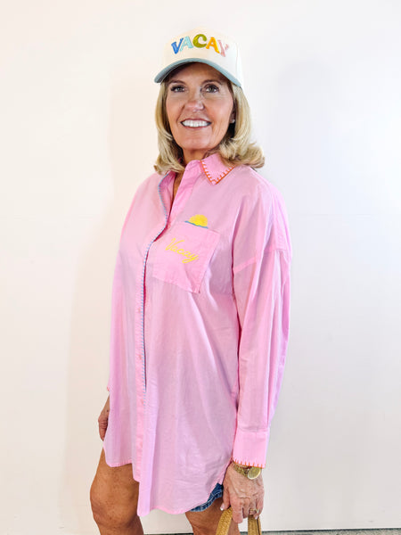 "Vacay/Out of Office" Cover-Up Shirt, Pink