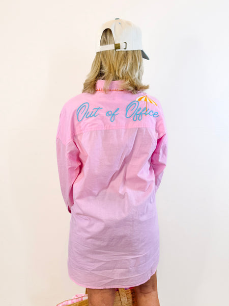 "Vacay/Out of Office" Cover-Up Shirt, Pink