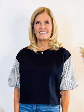 Black Plaid Puff Sleeve Top