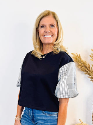 Black Plaid Puff Sleeve Top