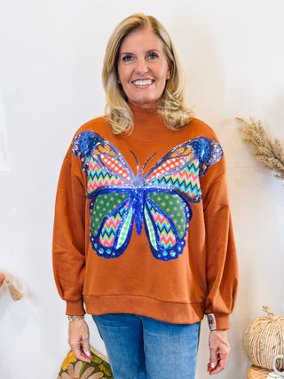 Brown Patchwork Butterfly Mock Neck