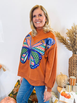 Brown Patchwork Butterfly Mock Neck