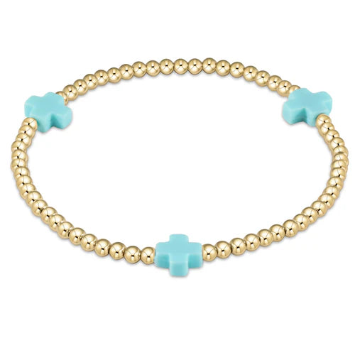 Signature cross gold pattern 3mm bead bracelet - turquoise