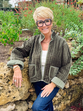Pinstripe Velvet Jacket - Olive