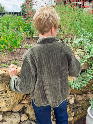 Pinstripe Velvet Jacket - Olive
