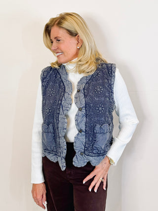 Indigo Embroidered Scalloped Vest