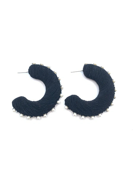 Corded Large Hoop Earrings Black & Pearls