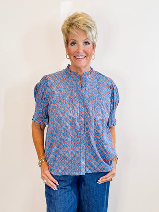 Block Floral Tuck Blouse