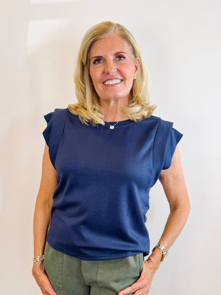 Double Band Sleeve Knit Top - Navy