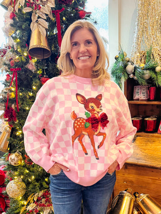 Pink & White Checkered Reindeer Sweater