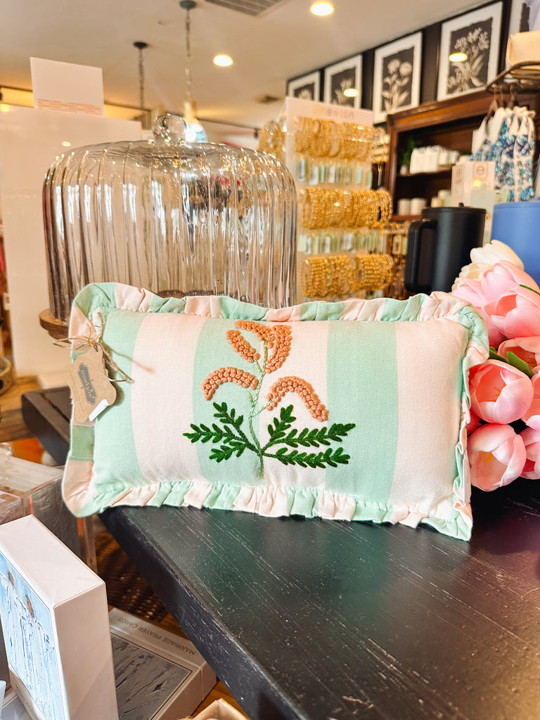 Green Stripe Embroidered Pillow