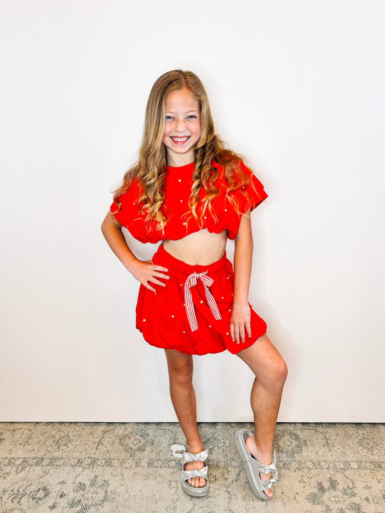 Red with Pearl Detail Bubble Hem Mini Skirt