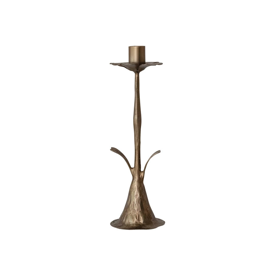 Hand-Forged Metal Stem Shaped Taper Holder, Antique Brass Finish