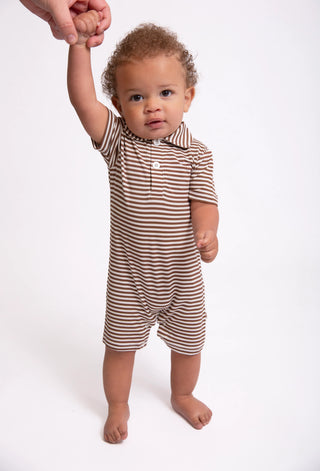 Polo Romper-Choc Stripes